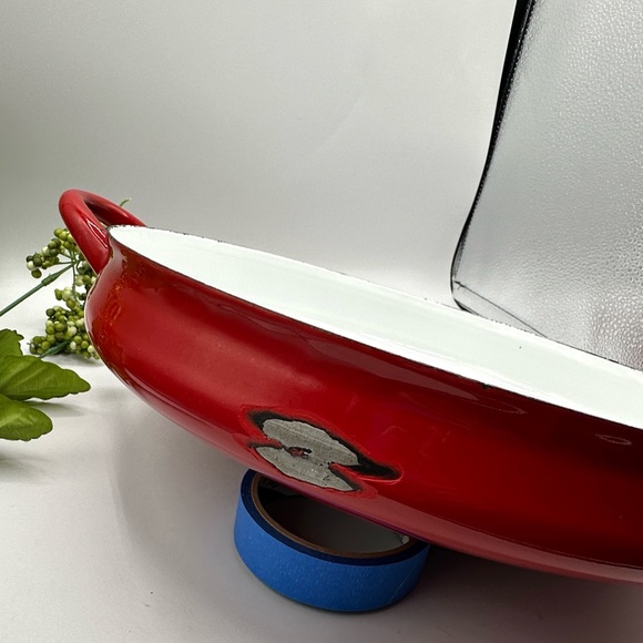 Dansk LG 14” Paella Pan. Red Enamel over Steel Curved Pot. Spots of Damage - Picture 8 of 16